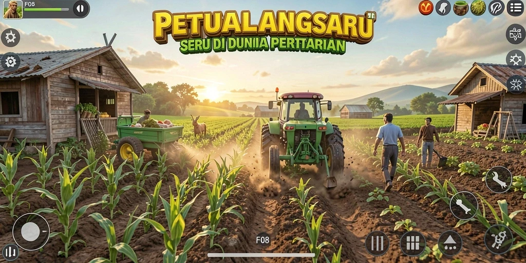 Tampilan gameplay F08 yang menampilkan kebun yang rimbun dan hasil panen melimpah.