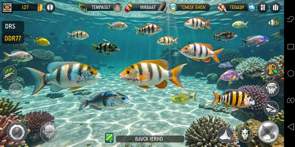 Tampilan gameplay seru dalam IDR77, menangkap berbagai ikan.