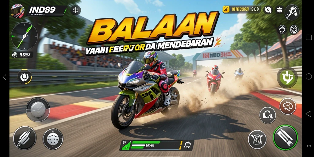 Gameplay seru IND89 dengan aksi balapan motor yang mendebarkan.