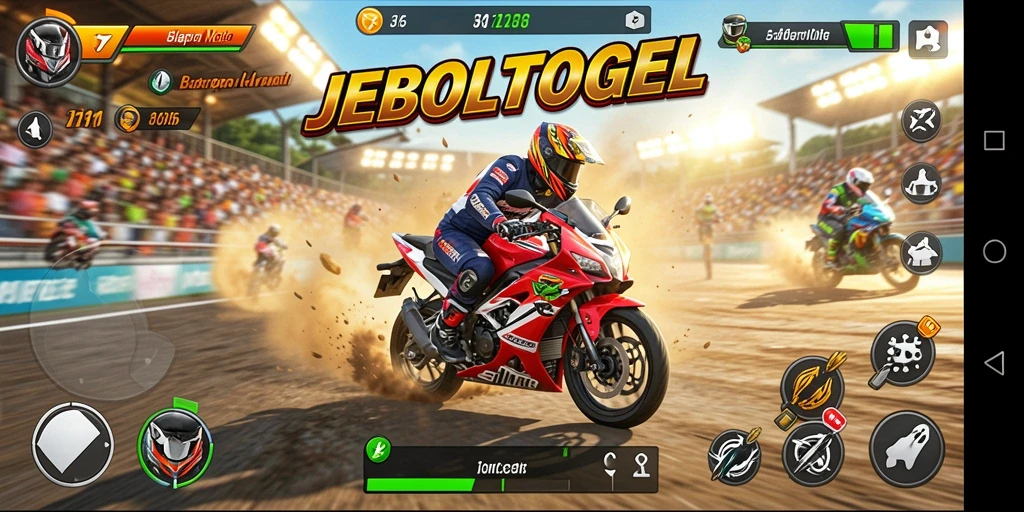 Screenshot gameplay balapan motor yang mendebarkan di JEBOLTOGEL.