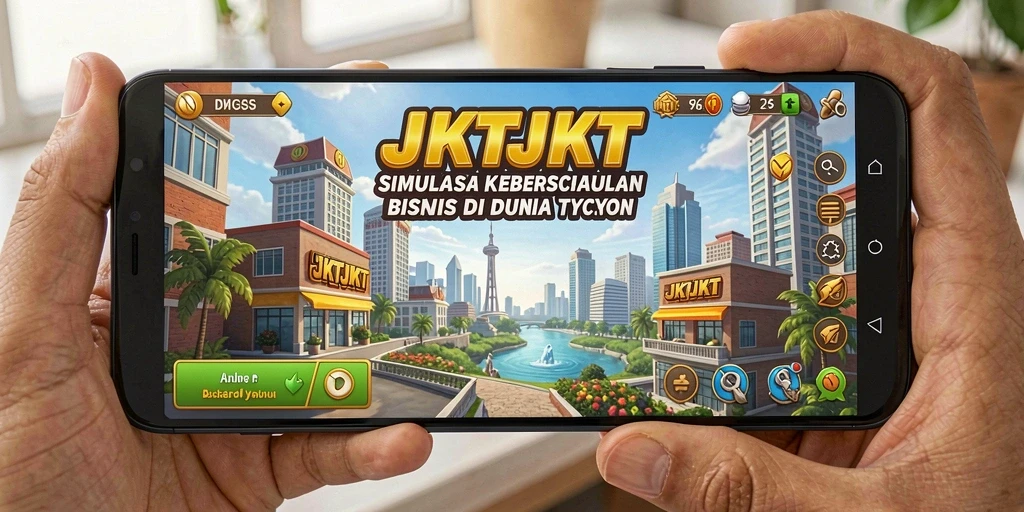 Screenshot utama menunjukkan gameplay seru JKTJKT dalam membangun bisnis.