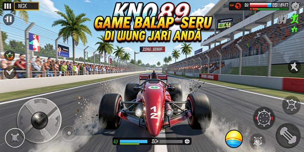 Tangkapan layar KNO89 menunjukkan aksi balapan yang menegangkan dan mobil yang memukau.