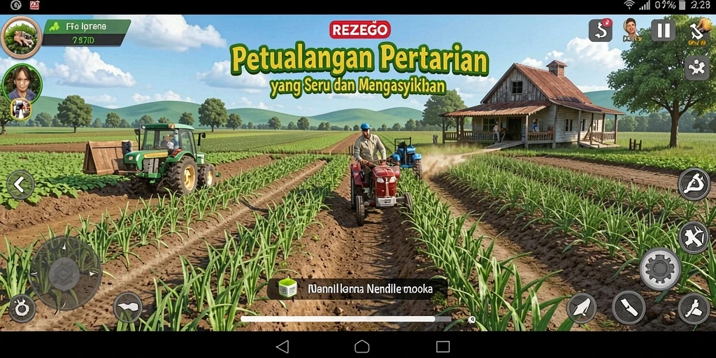 Tangkapan layar gameplay <strong>REZEGO</strong> menampilkan aktivitas bertani di kebun yang indah.