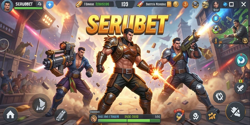 Screenshot SERUBET menunjukkan aksi mendebarkan di arena Battle Royale.