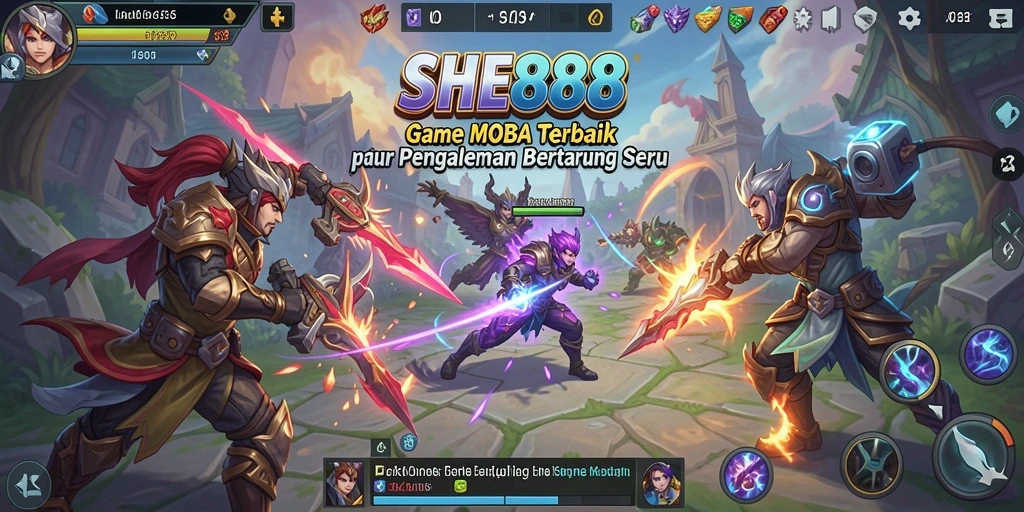 Screenshot gameplay SHE888 menampilkan pertempuran seru antar hero MOBA.